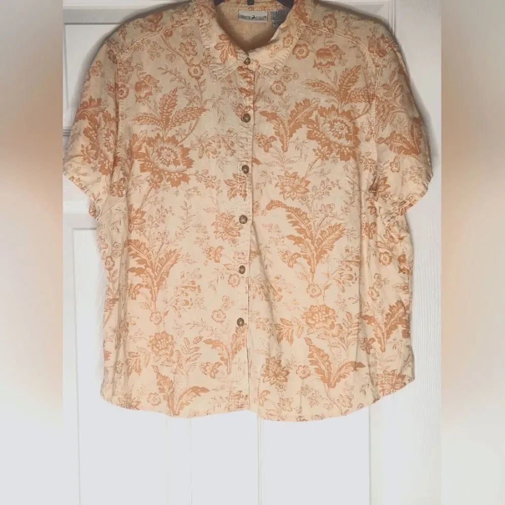 White Stag XL Cream Orange FloralPrint LINENBlend Shrtslv ButtonsUp Women Shirt
